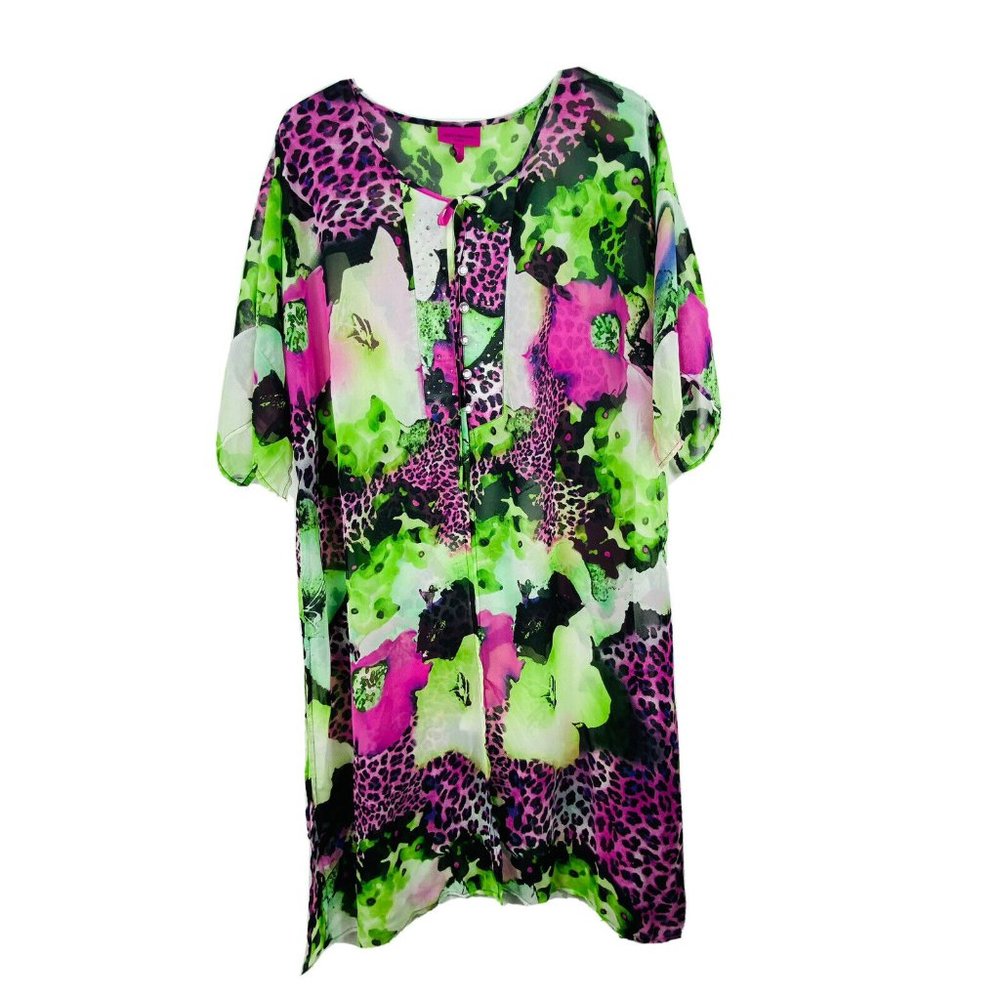 Anthony Studio Womens XL Long Chiffon Beach Cover Up Pink Green Jewel Buttons